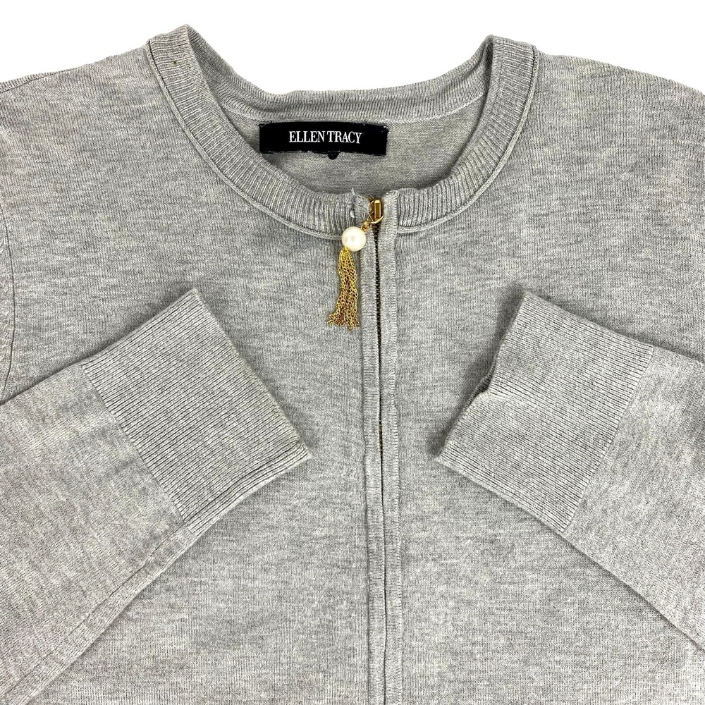 Ellen Tracy Cardigan Sweater Women's M Pearl Zip Pull Jacket Gray Viscose Nylon
